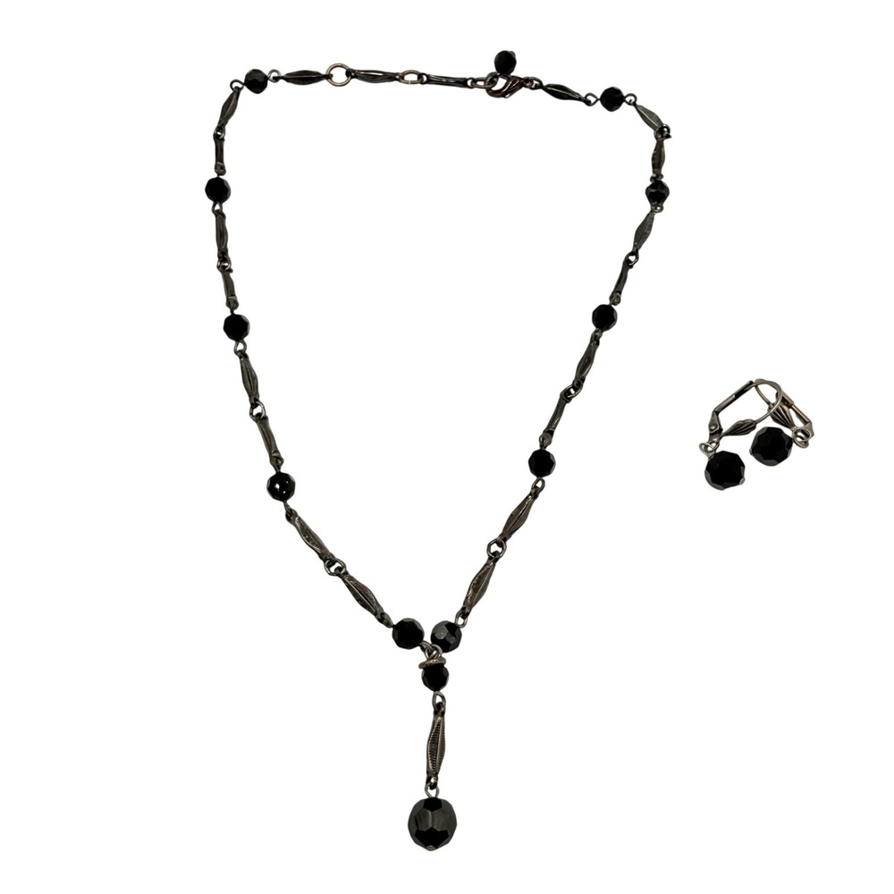 Jewelry Set Women Black Beaded Y-Necklace Leverback Earrings Vintage